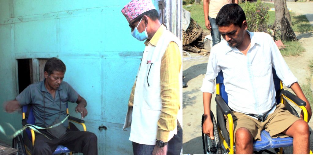 घरमै पुगेर ह्वील चेयर वितरण गर्दै नगरप्रमुख सुवेदी