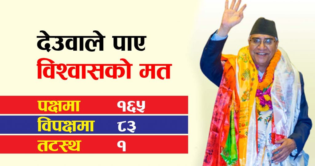 देउवालाई विश्वासको मत प्राप्त, पक्षमा १६५ र विपक्षमा ८३ मत