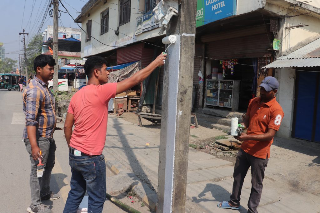 महानगर प्रवेश गर्ने मुख्य सडकका बिजुलीको पोलमा रंग लगाउन सुरु