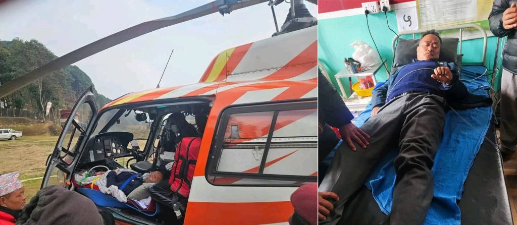 पूर्वमन्त्री नेम्बाङलाई थप उपचारको लागि हेलिकप्टरबाट काठमाडौं लगियो